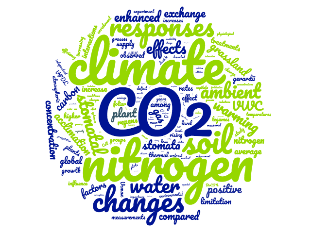 Wordcloud related to research, including words like CO2, nitrogen, and climate 